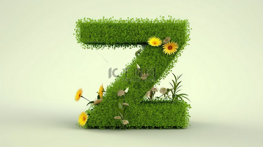 绿色生态叶子背景图片_7 号的 3D 渲染，周围环绕着郁郁葱葱的绿草和色彩缤纷的花朵，与世隔绝