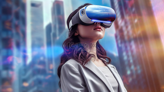 vr科技智能背景图片_在 Metaverse 虚拟领域中佩戴 VR 眼镜的女性头像的 3D 渲染