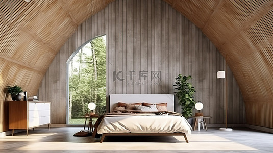 木质阁楼卧室室内设计的 3D 渲染