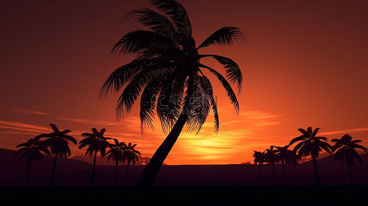 优雅的棕榈树剪影在 3D 渲染中令人惊叹的傍晚日落背景下设置