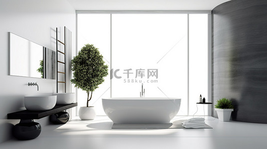 现代浴室白墙上的豪华 3D 室内设计