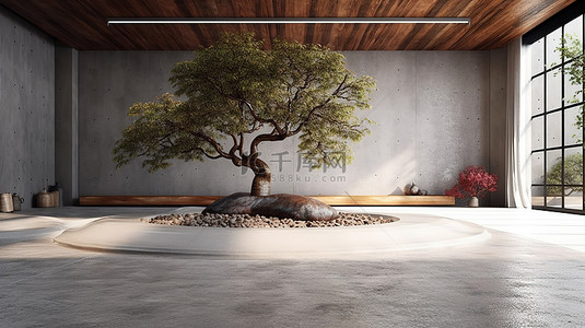 混凝土庭院内部铺有鹅卵石地板，中央有一棵树，3D 渲染图像
