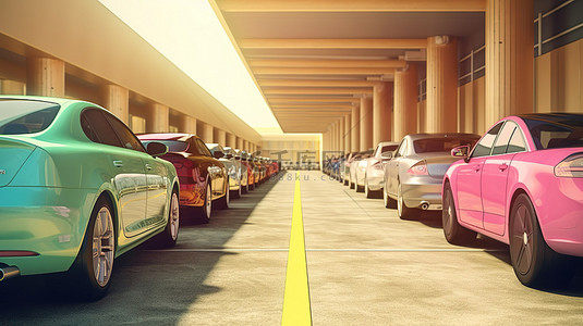 室外停车场排成一排的汽车的鸟瞰图 3D 插图