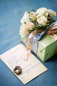 绿色表面上的一封信和鲜花旁边有一份礼物