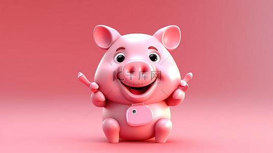 拿着粉红色手机的可爱小猪的 3D 渲染