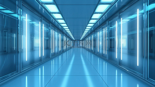 商业背景图片_蓝色玻璃面板公司背景的延伸走廊的 3D 插图
