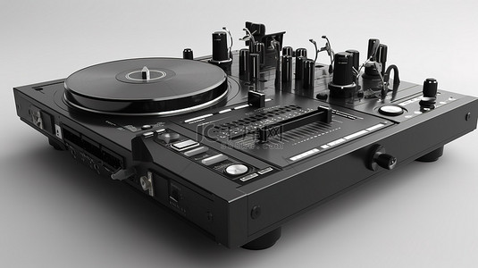 时尚的黑色 DJ 设备套装，配有转盘和混音器，白色背景 3D 渲染