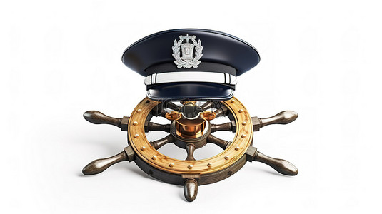 游轮背景图片_指挥海洋 3D 渲染海军军官海军上将和船长帽子在船舶方向盘上白色背景