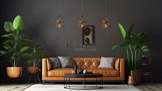 皮革沙发背景图片_古典风格的海报模型，以皮革沙发和植物为特色，采用令人惊叹的 3D 渲染