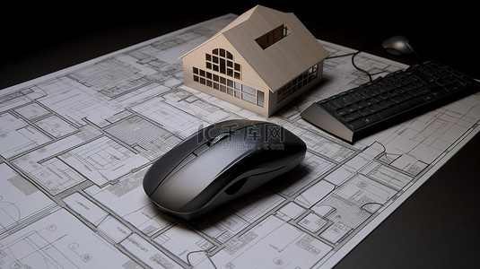使用蓝图和计算机鼠标的住宅建筑模型的 3D 可视化