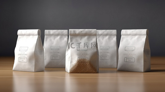 袋子背景图片_折叠白纸袋包装，配有各种厨房必需品咖啡盐糖胡椒香料和面粉3D渲染