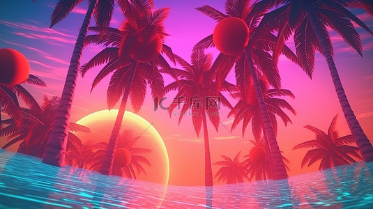 发光框架和棕榈树的 3D 渲染营造出逆波热带氛围