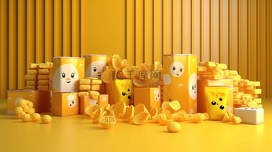 卡通奶酪产品展示，用于零食片和奶酪工作室，以 3D 渲染拍摄，带背景