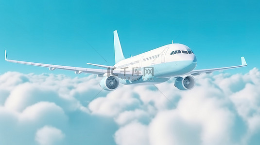 乘背景图片_乘飞机旅行柔和的蓝色背景与多云飞机 3d 渲染