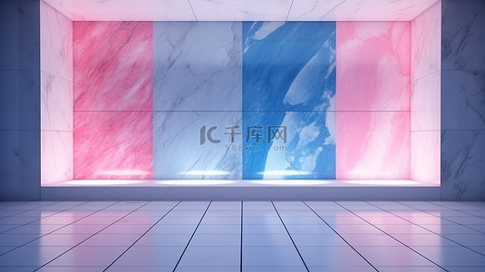 大理石背景上粉红色白色和蓝色霓虹灯的展览空间 3D 渲染