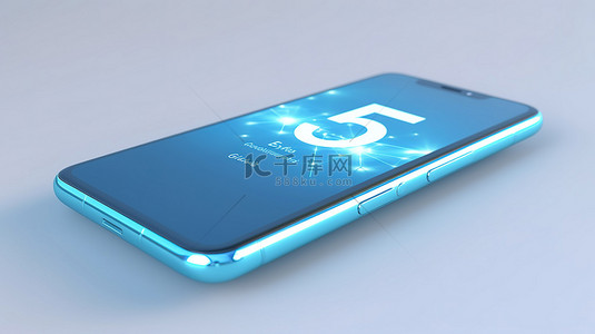 在浅蓝色背景上隔离了蓝色文本“5g”的 3d 再现以及智能手机