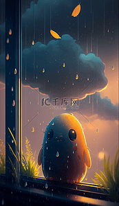 下雨雨滴背景图片_雨滴落叶乌云可爱的小动物卡通的背景
