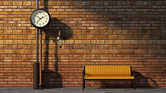 现代时钟和路灯在公交车站对砖墙的 3D 渲染