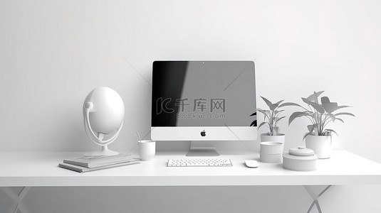最小的白色工作区，在桌面上创建纸张 3D 渲染概念