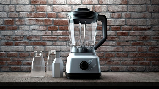 榨汁机背景图片_现代电动搅拌机与砖墙空白框架的特写 3D 渲染