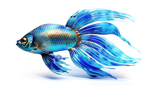 充满活力的 3D 艺术品，以白色背景下的彩色蓝色鱼剪影为特色