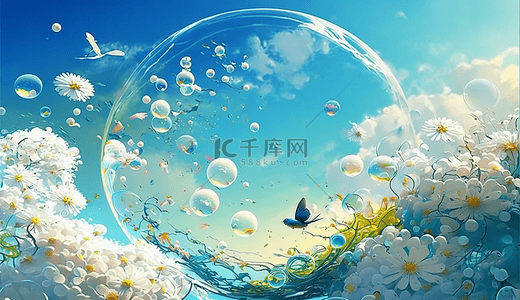 蓝天雏菊泡泡梦幻背景