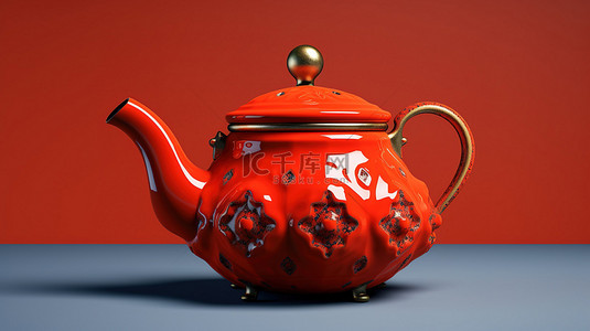 复古红色茶壶可爱经典迷人的 3D 插图
