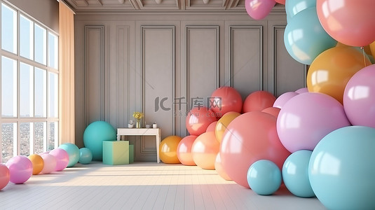 活力可爱背景图片_派对房间中充满活力的气球装饰非常适合生日庆祝或产品展示3D 渲染