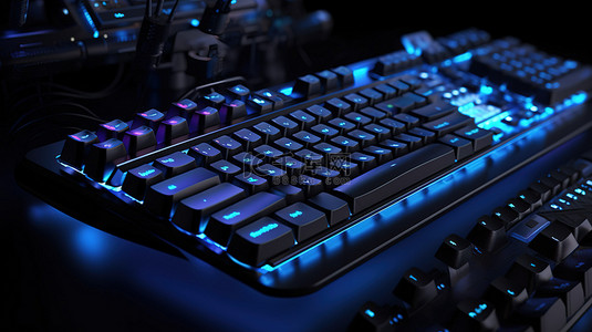 使用流媒体设备在黑色背景上对游戏玩家工作区蓝色键盘进行 3D 渲染