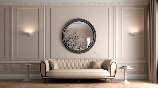 米色墙壁别致的灰色沙发和暖白光圆顶的时尚室内设计 3D 插图