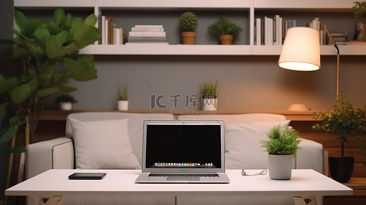 客厅办公桌上带有笔记本电脑模型的工作区背景 3D 渲染与空白屏幕
