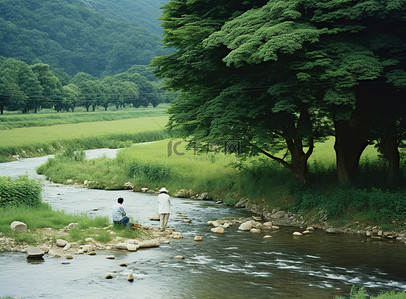小溪背景图片_两个人在山上的小溪里钓鱼