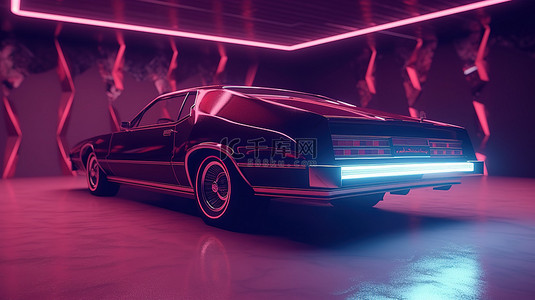 老爷车在无缝循环 3D 渲染中穿越 80 年代复古未来派科幻场景