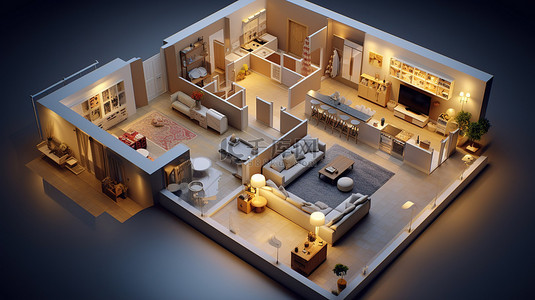 射箭运动背景图片_从等轴测角度呈现住宅起居和用餐区的 3D 渲染