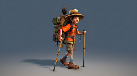 背包旅行背景图片_活泼的徒步旅行者与登山杖 3d 渲染