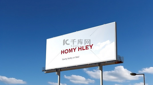 信息牌背景图片_蓝天背景下显示“呆在家里”消息的白色广告牌海报的 3D 渲染