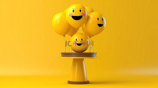 欢快的 3D 讲台与浮动表情气球背景快乐的表情符号哈哈