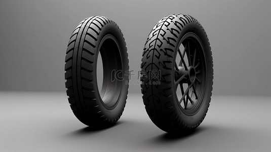 3D 渲染赛车公路和越野摩托车轮胎从正面和侧面查看