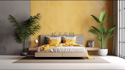简约卧室的 3D 渲染，配有白色木板墙和装饰性黄色棕榈