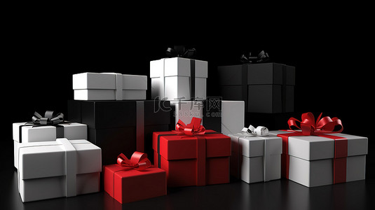 3d 中的白色和红色礼品盒集合非常适合黑色背景上的横幅或标题设计