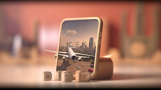 3D 渲染二维码扫描，用于旅游和旅行，在智能手机上携带飞机和手提箱