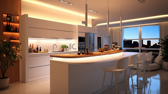 时尚的白色厨房，配有早餐吧和夜间照明 3D 渲染