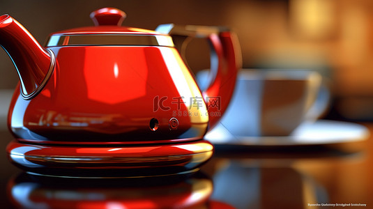 现代红背景图片_放在桌子上的现代红茶壶或电热水壶的极端特写 3D 渲染