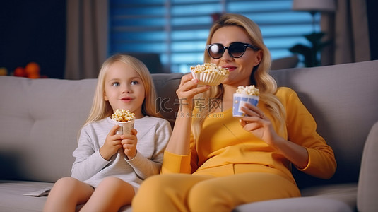 母女俩戴着 3D 眼镜，在沙发上吃爆米花，玩得很开心