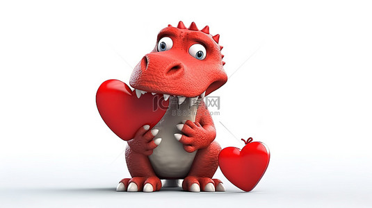 可爱的 3D 红色恐龙，幽默地抓住一颗心