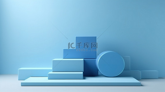 电子产品背景图片_简约的浅蓝色产品展示背景，带有 3D 抽象方块和用于产品摄影的讲台架