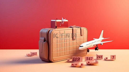 轻松背景图片_使用 3D 渲染的日历和手提箱预订机票，轻松体验旅行时间概念