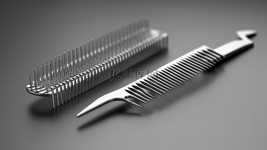 中性背景 3D 渲染上的光滑银色剪刀和梳子