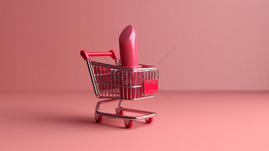 网上购物背景背景图片_网上购物的 3D 插图，带有计算机化购物车口红和信用卡充足的复制空间