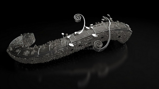 黑色背景上带有音乐符号的旋律曲线和漩涡的 3D 插图